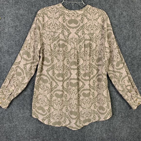 New York & Co Button Up M Top Olive & Pink Pattern Long Sl Pleated Back Career - Picture 6 of 9